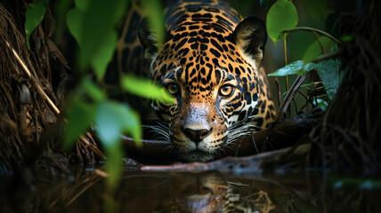 Jungle Gaze: Stealthy Jaguar by the Water - Intense Wildlife Stare, Camouflage in the Wild, Reflection of a Predator

