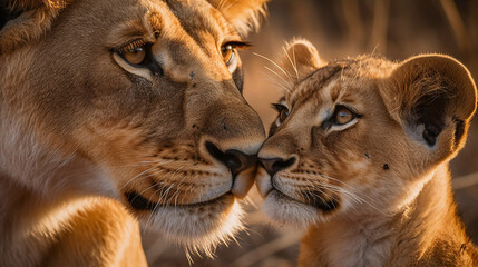 Whisper of the Wild: Lioness and Cub Tender Moment - Captivating Wildlife Photography, Emblem of Maternal Affection, Golden Hour in Savanna