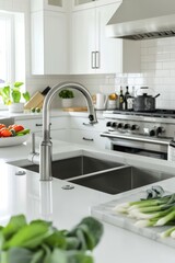 New elite white kitchen with lying vegetables