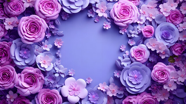 Blank in the middle frame 3d purple color rose flowers leaf background wedding wallpaper