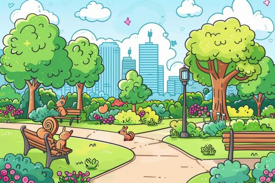 Cartoon cute doodles of a big city park with fluffy clouds, green trees, and happy little squirrels playing among the benches and flower beds, Generative AI1