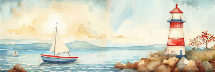 Lighthouse And Boat Watercolor Illustration
