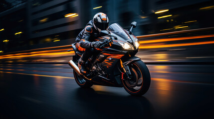 Photo of a rider on a sports motorcycle on an asphalt road. An atmosphere of speed and power....