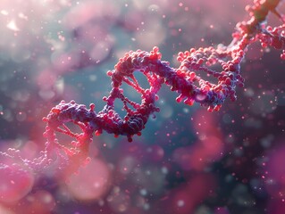 Stunning digital illustration of a DNA double helix with detailed molecules against a bokeh background.