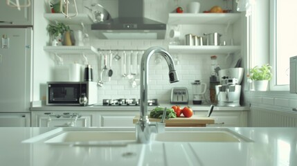 New elite white kitchen with lying vegetables