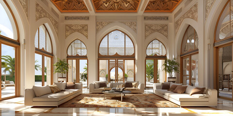 
 Luxury eastern interior design of modern living room with carved furniture and arched windows, 