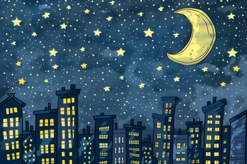Cartoon cute doodles of a big city skyline at night, with twinkling stars, a glowing moon, and little windows lighting up in the skyscrapers like tiny lanterns, Generative AI