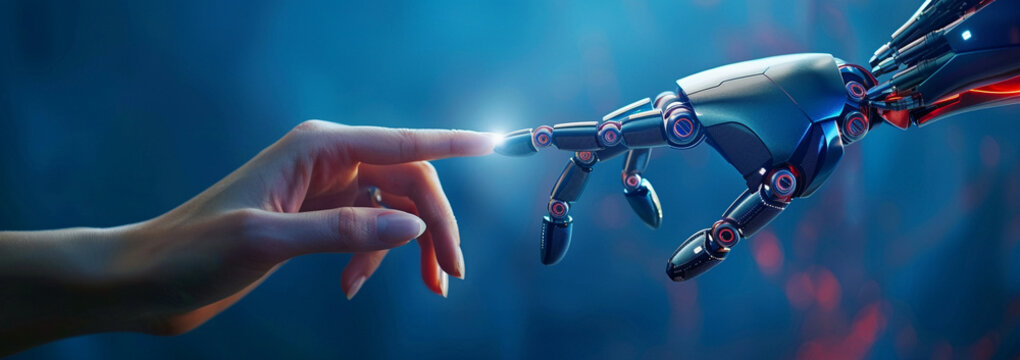 The human finger delicately touches the finger of a robot's metallic finger, AI Generative.