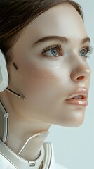 Close-up of a female android with remarkably human-like facial features, embodying advanced robotics and AI technology. - obrazy, fototapety, plakaty