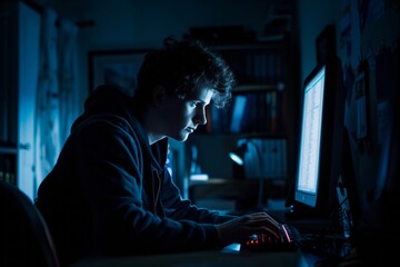 Man working late at night from home in dark room, illuminated by the glow of his computer monitor as he sits at desk.