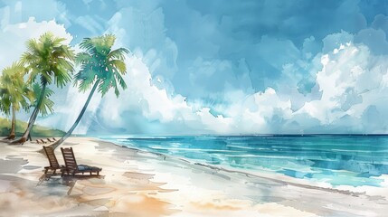 Minimalistic watercolor illustration of a serene beach with sea, pure white sand, chairs and a palm Tropical holiday concept for postcard  - obrazy, fototapety, plakaty