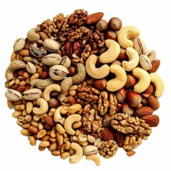 A bowl of nuts including walnuts, cashews, almonds, and peanuts