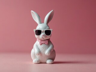 A cute white plastic rabbit in sunglasses is located on a pink background. This is a minimalistic color photograph