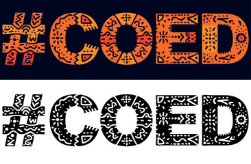 COED Hashtag. Isolated text with national ethnic ornament. Patterned Hashtag #COED for social network, Adult web resources, mobile app, games, clothing, t-shirt, banner, adv.