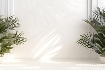 blank white podium with palm leaves, blank round frame for product display, mockup - obrazy, fototapety, plakaty