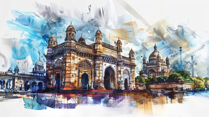 Mumbai, India, is a city A view of a structure and a landmark A watercolor splash and a hand drawn sketch  - obrazy, fototapety, plakaty
