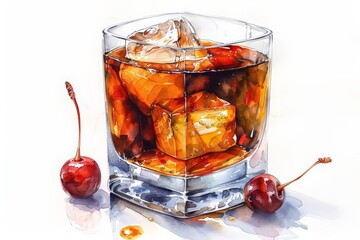 Old Fashioned cocktail in a rocks glass with a Luxardo Cherry watercolor illustration isolated on white background, watercolor illustration 