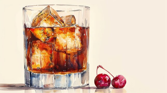 Old Fashioned cocktail in a rocks glass with a Luxardo Cherry watercolor illustration isolated on beige background,  