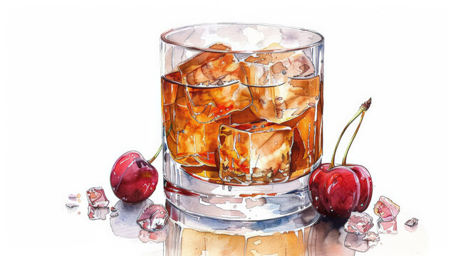 Old Fashioned cocktail in a rocks glass with a Luxardo Cherry watercolor illustration isolated on white background,  