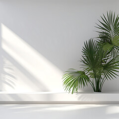 3D rendering of a bright room with a large window and plants