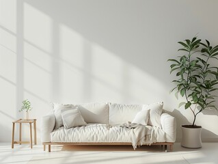 Living Room With White Couch and Potted Plant