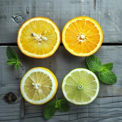 A close up of four different types of citrus fruit, including oranges and limes