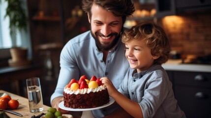 A man and a boy are smiling and holding a cake together