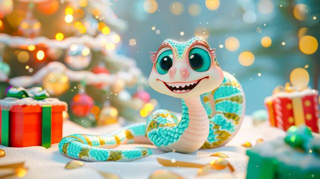 A cute smiling cartoon mint snake with expressive eyes sits next to Christmas tree and gift boxes. Symbol of the 2025 New year funny snake illustration for calendar, greeting card design, copy space