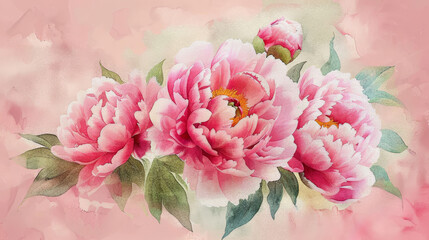 Pink watercolor peonies vintage greeting card,  