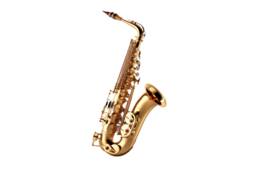 Harmonic Elegance: Saxophone Soaring Against Pure White Canvas. On White or PNG Transparent Background.