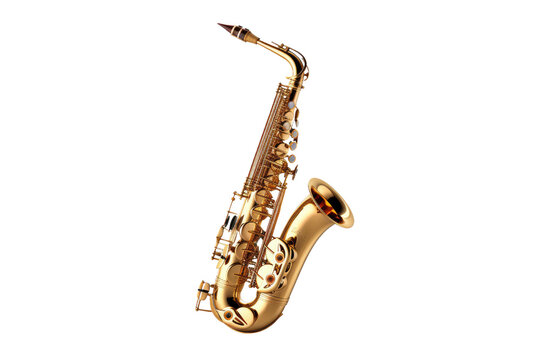 Harmonic Elegance: Saxophone Soaring Against Pure White Canvas. On White or PNG Transparent Background.