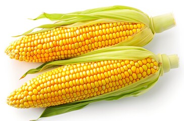 Three yellow corn cobs with green leaves