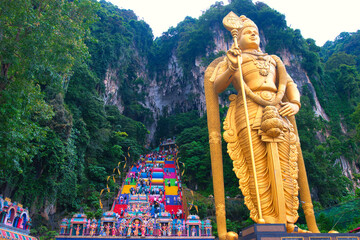 Batu Caves, Kuala Lumpur, July 21, 2023: New view with colourful staircase at Murugan Temple Batu...