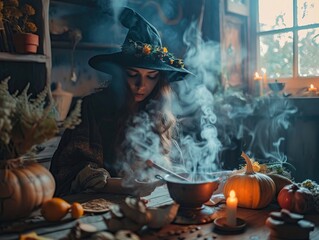 Alone, shrouded by twilight, a witch practices herbal magic, creating an enchanting concoction - obrazy, fototapety, plakaty