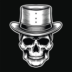 Dark Art Magician Skull Head with Hat Black and White Illustration