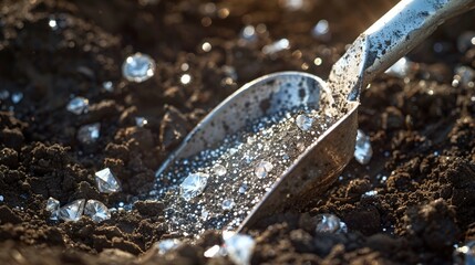 Close-up of a diamond-encrusted shovel digging into rich soil