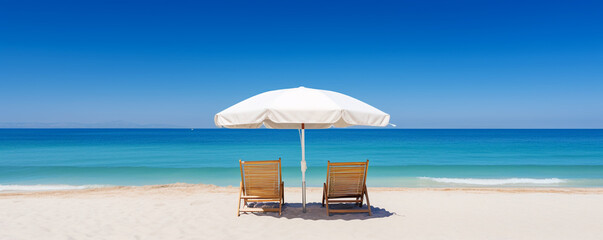 Chairs and parasol on the tropical beach - obrazy, fototapety, plakaty