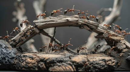 An ant bridge made of wooden pieces - obrazy, fototapety, plakaty