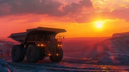 Industrial Mining Scene: Giant Truck Operating at Sunset - obrazy, fototapety, plakaty