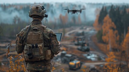 A soldier with a tablet in his hands controls a patrolling quadcopter. Modern military weapons - Powered by Adobe