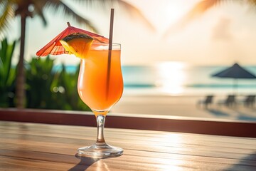 A cocktail in a glass glass stands on a table near a sun lounger on the beach under the shade of palm trees. Generative AI
