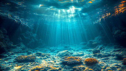 Summertime under the ocean with ray of sunlight from the surface for background concept design