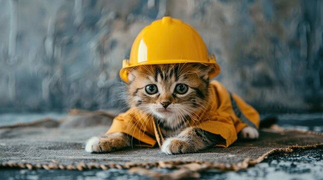 Cute kitten dressed as a construction worker ready for work, Copy space. generative AI image