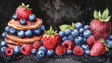 Set of hand drawn watercolor berries, desserts and pancakes, watercolor illustration on black background