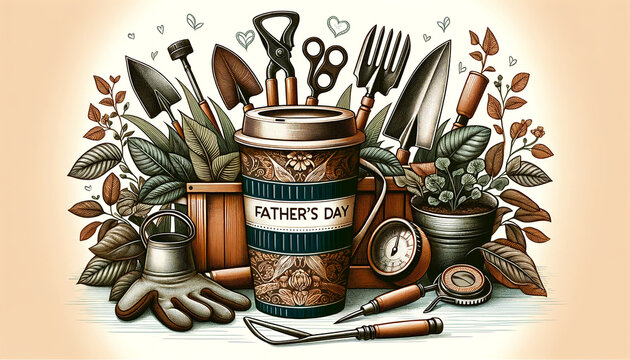 Father's Day poster made with a collage of gardening equipment for gardening fathers with hand drawing images. 