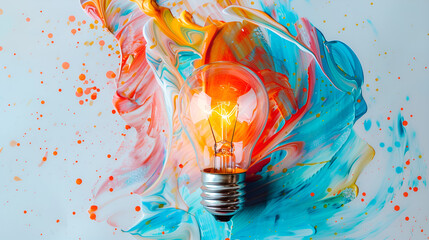 Creative light bulb explodes with colorful paint and splashes on a light gradient background.