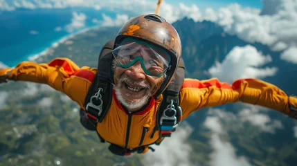  Thai old man with a big smile skydiving sun shining on his face bright blue sky mountains and nature below wearing an extreme sports outfit © Jirut