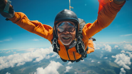 Thai old man with a big smile skydiving sun shining on his face bright blue sky mountains and nature below wearing an extreme sports outfit