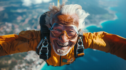 Thai old man with a big smile skydiving sun shining on his face bright blue sky mountains and nature below wearing an extreme sports outfit