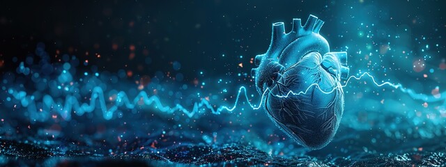 An elongated banner featuring a photorealistic blue-tinted heart with a vivid ECG wave crossing the image. Generative AI - obrazy, fototapety, plakaty